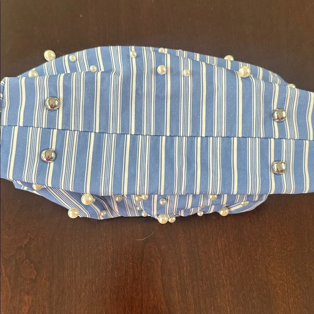 CATO Blue & White Striped Poplin with Pearls Clutch or Chain Crossbody Preppy